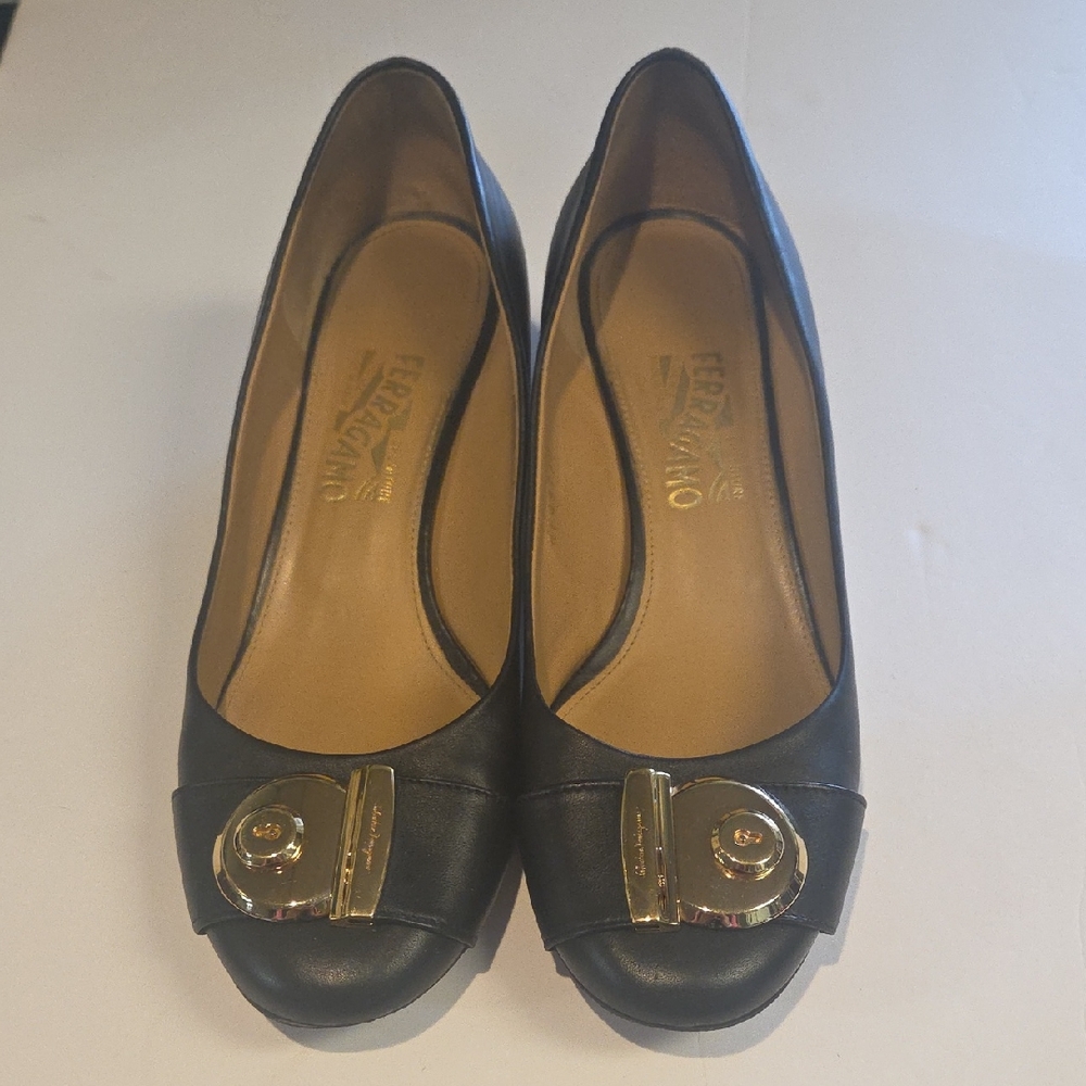 Salvatore Ferragamo Black Leather Ballet Flats with Gold Buckle Accent